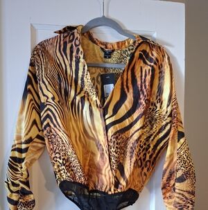 Guess Marciano Leopard-Print Satin Bodysuit in Yellow and Black